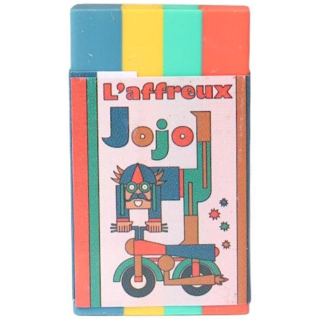 le petit souk veelkleurige gum met een L'affreux Jojo figuur op een scooter.