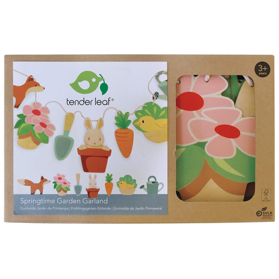 Verpakking van de Tender Leaf Toys houten slinger met lente-tuinthema.
