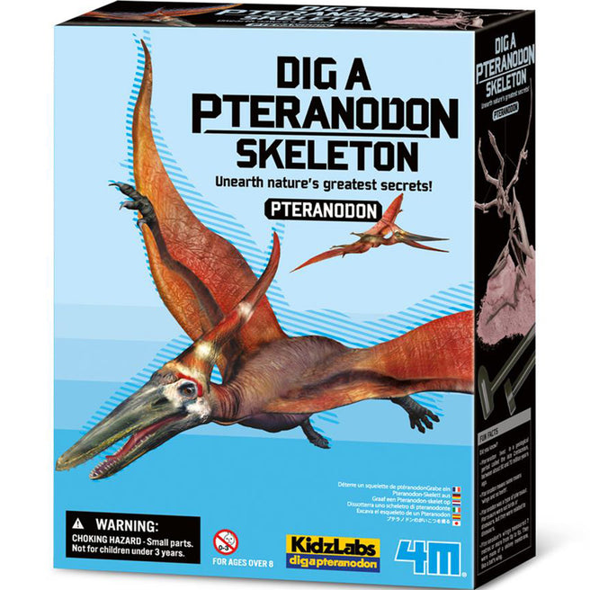 Verpakking van de 4M 'Dig a Pteranodon Skeleton' wetenschapsset met een afbeelding van een vliegende pteranodon.