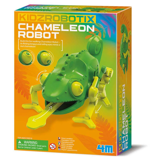 De verpakking van de 4M KidzRobotix kameleon robot bouwset.