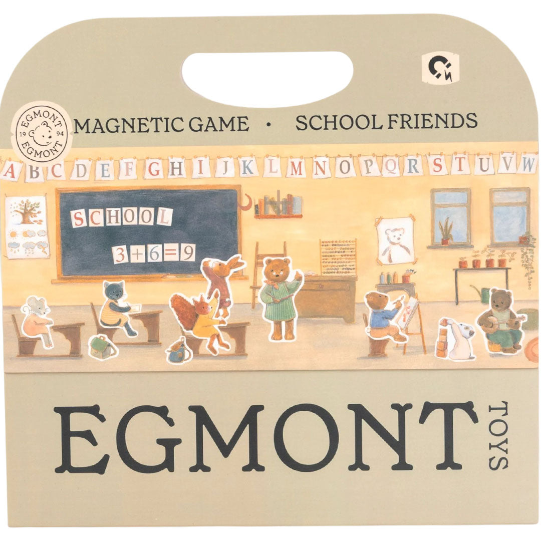 De voorkant van de verpakking van het Egmont Toys magnetisch spel School Friends, met een schoolscène en dierenfiguren.