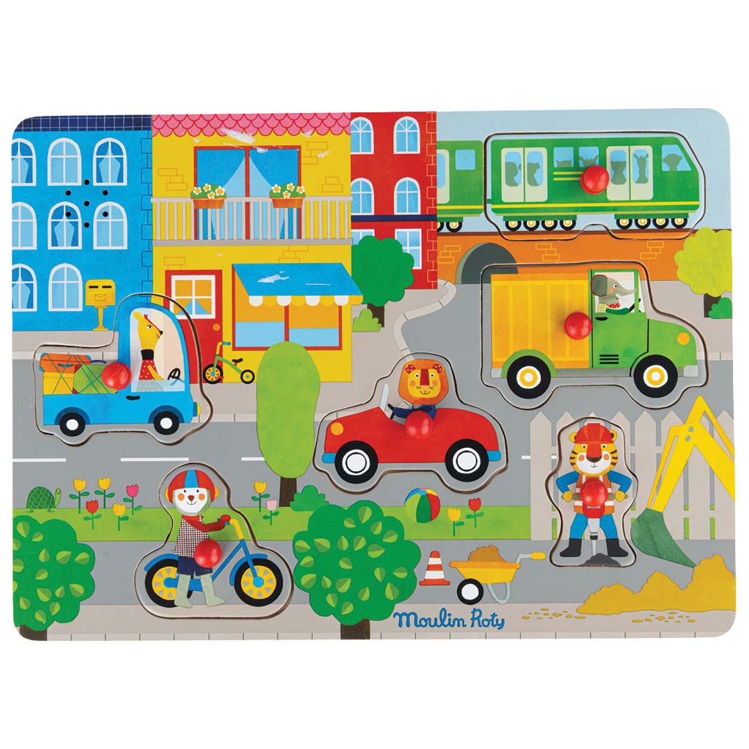 moulin roty houten geluidspuzzel les popipop - stad - 6st | 661379 | 1