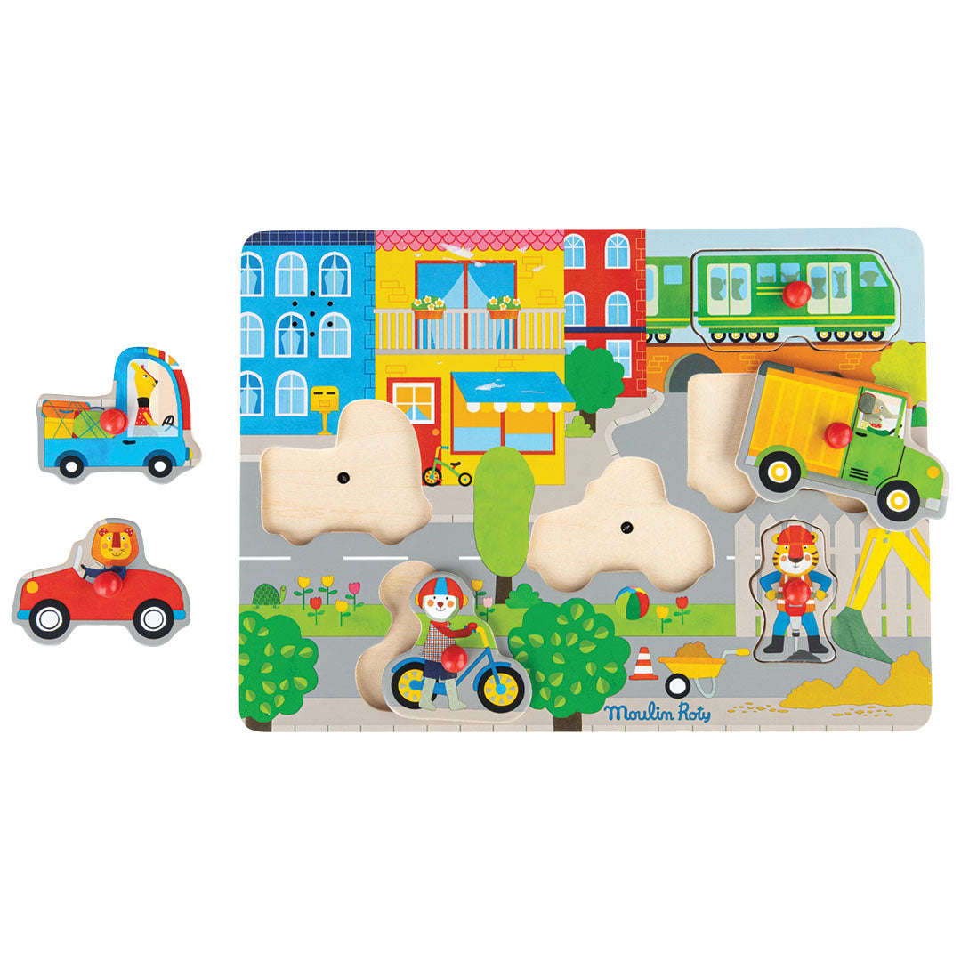 moulin roty houten geluidspuzzel les popipop - stad - 6st | 661379 | 2