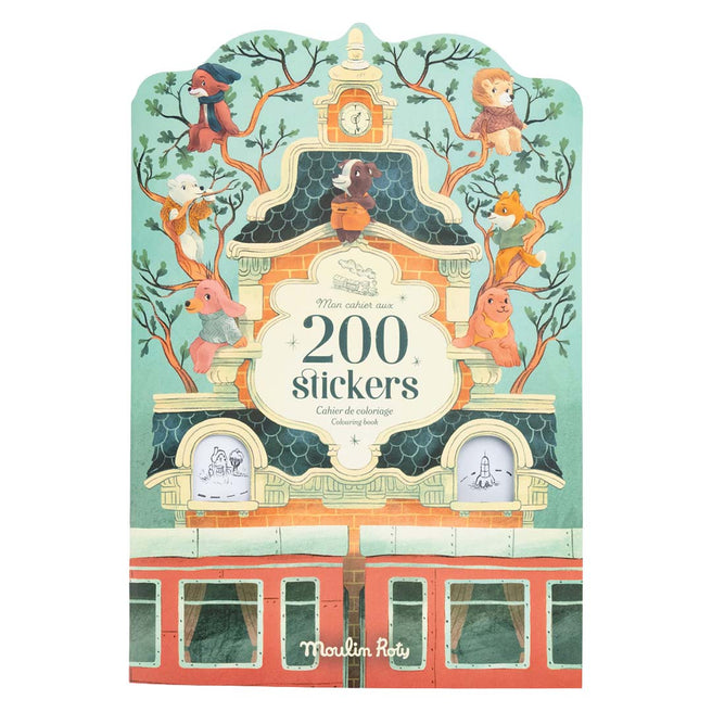 Voorkant van het Moulin Roty sticker- en kleurboek met een geïllustreerd huis, dieren en een trein.