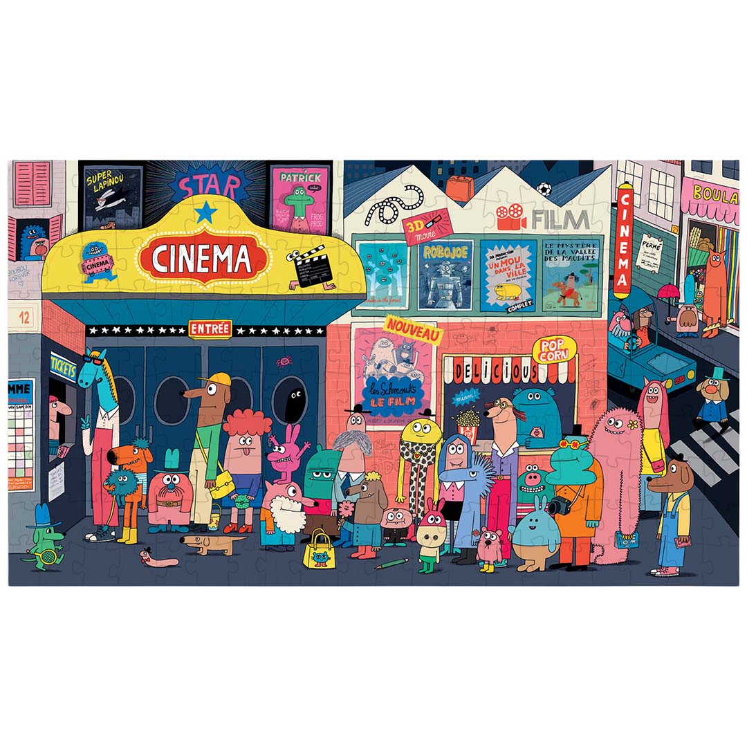 De complete Moulin Roty legpuzzel 'Les Schmouks - Le Film' met een drukke scène van monsterfiguren voor een bioscoop.