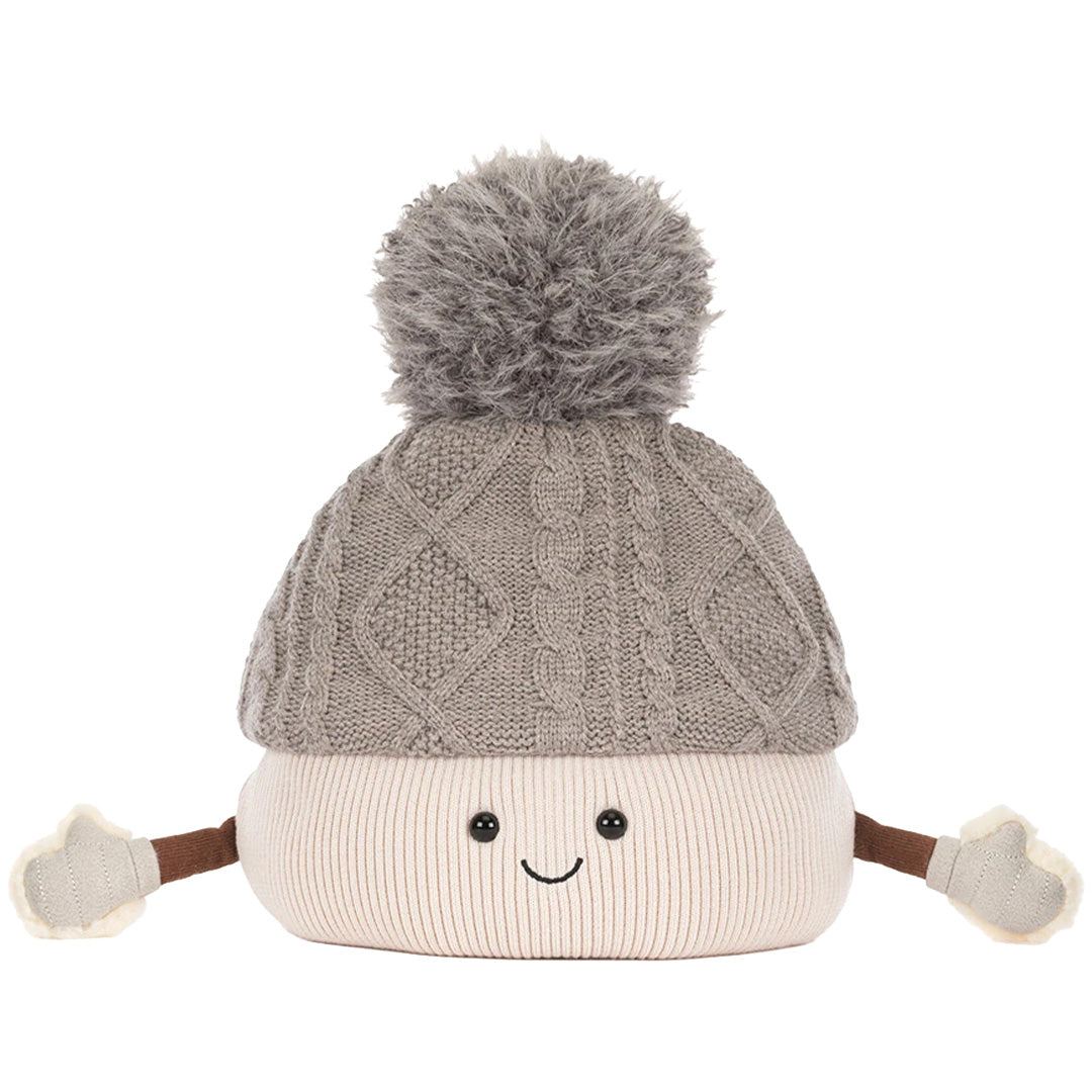 Jellycat pluchen speelgoed van een grijze gebreide muts met pompom, gezichtje en wantjes.