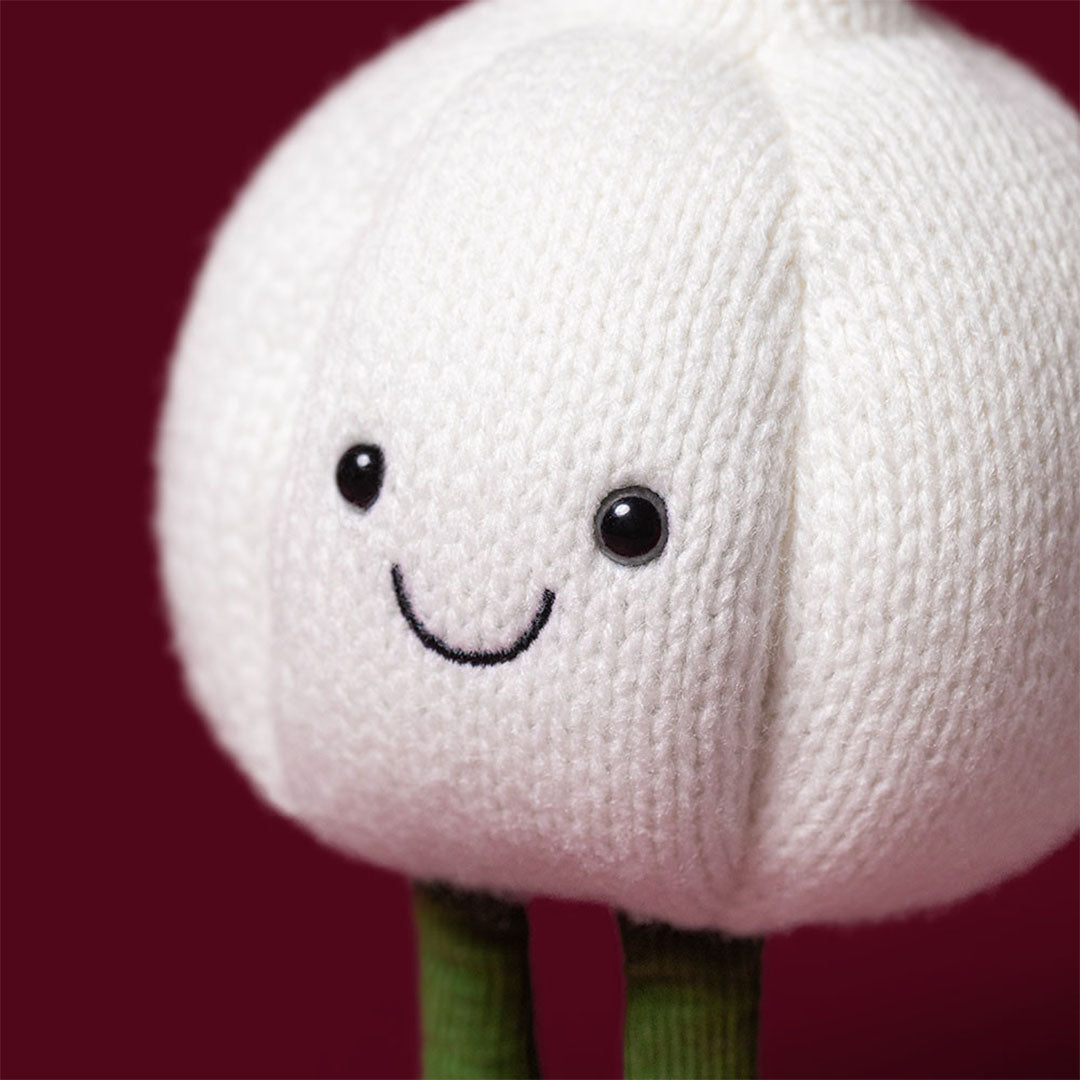 Detailopname van het glimlachende gezicht van de witte knuffelknoflook.
