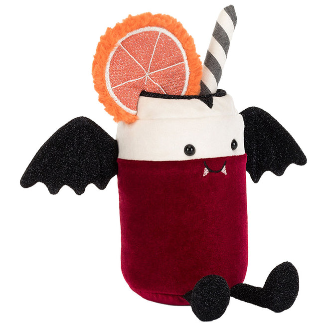Jellycat amuseables pluchen knuffelbeker in de vorm van een vampierdrankje met vleugels, rietje en sinaasappelschijfje.