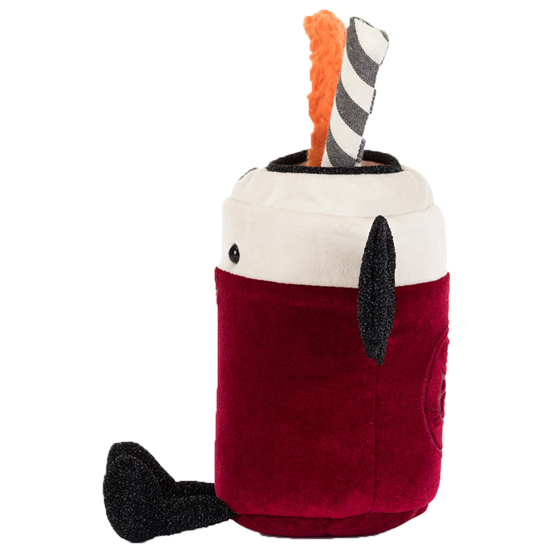 Achterkant van de Jellycat amuseables pluchen knuffelbeker met rietje en sinaasappelschijfje.