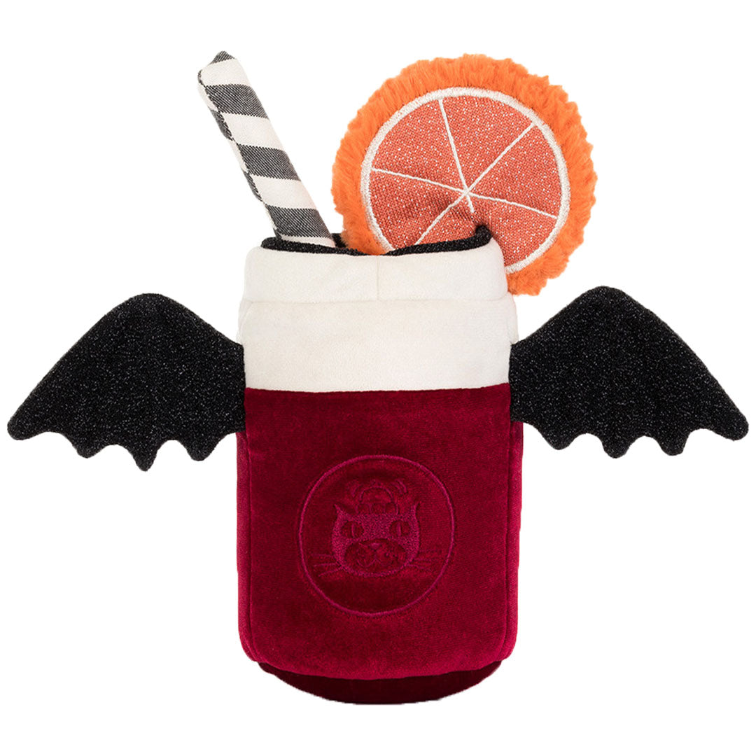 Voorkant van de Jellycat amuseables pluchen knuffelbeker met uitgespreide vleugels en een kattengezichtje op de beker.