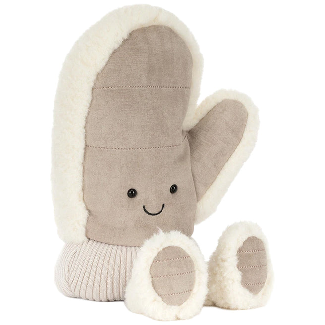 Jellycat pluchen winterwant knuffel met een lachend gezicht en pluizige randen.