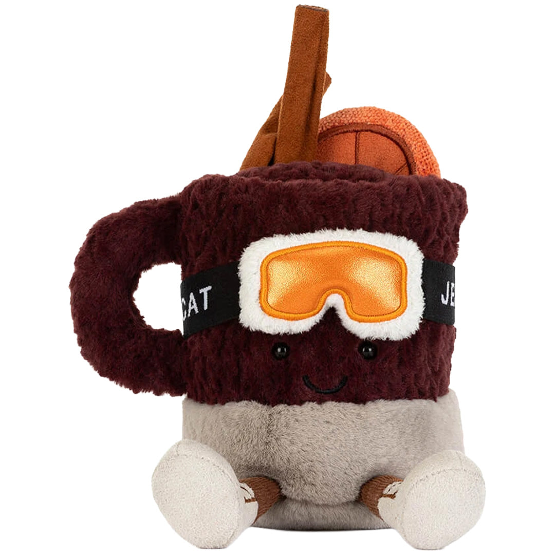 Jellycat pluchen winterdrankje met skibril en een glimlachend gezichtje.