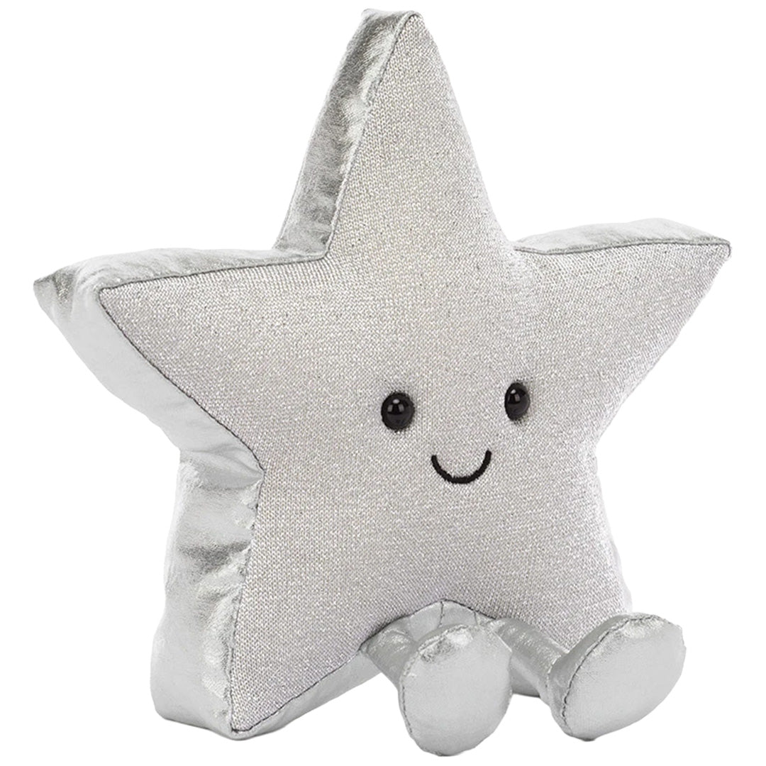 Jellycat zilveren knuffelster met lachend gezicht en voetjes, schuin van voren.
