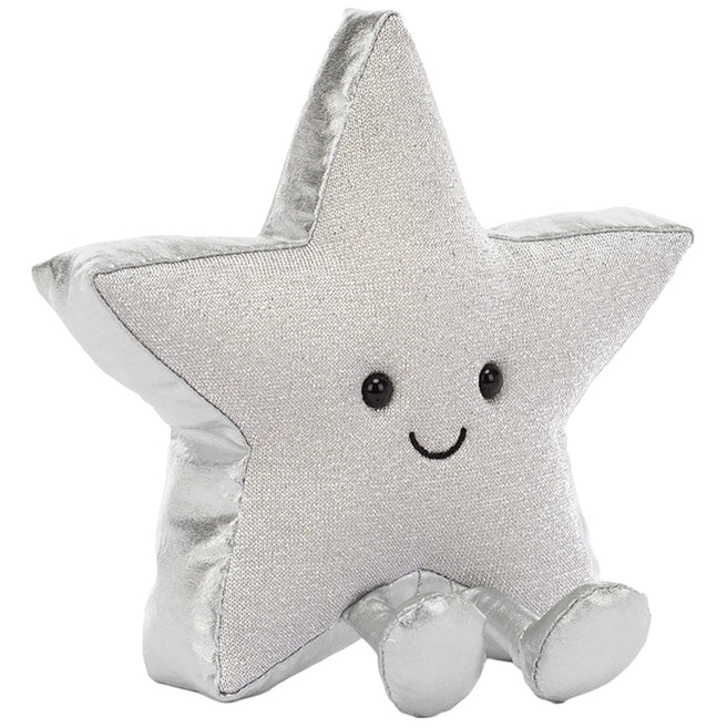 Jellycat zilveren knuffelster met lachend gezicht en voetjes, schuin van voren.