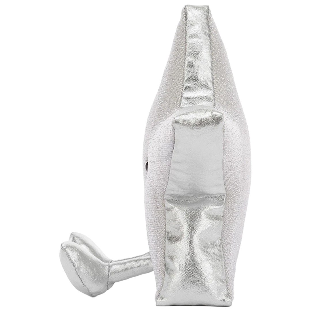 Zijkant van de Jellycat zilveren knuffelster, met een voetje.