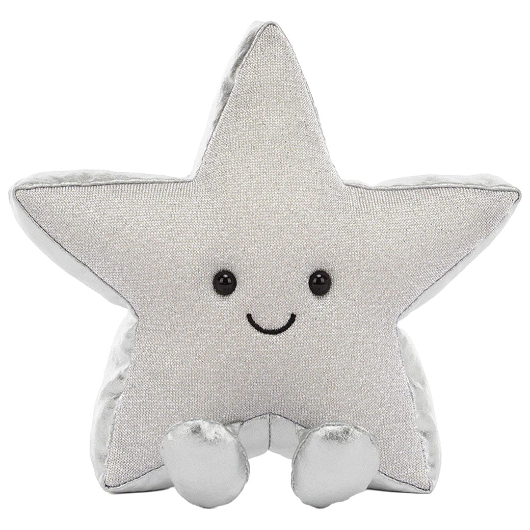 Jellycat zilveren knuffelster met lachend gezicht en voetjes, van voren gezien.