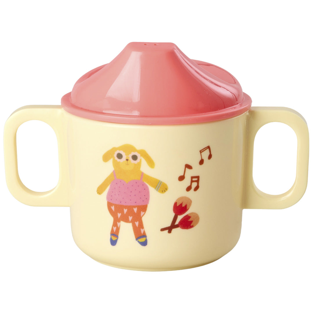 Rice tuitbeker, geel met roze deksel en een afbeelding van een dansend dier met muzieknoten en maraca's.