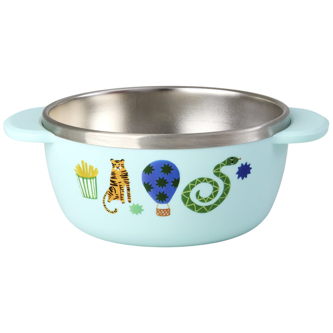 rice rvs kinderkom met illustraties van een tijger, luchtballon en slang, op een witte achtergrond.