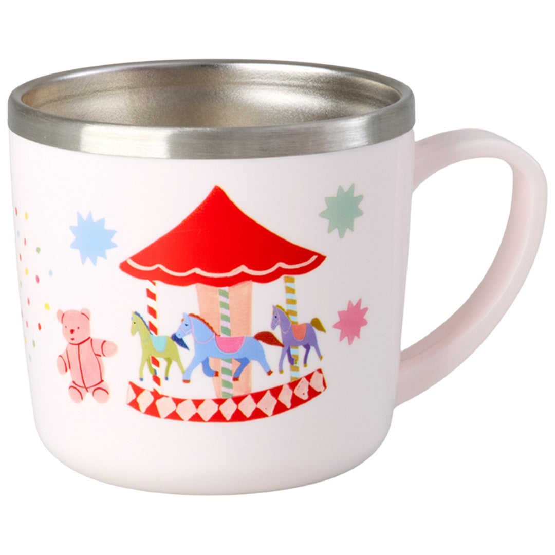 rice roze kinderbeker van roestvrij staal met een carrousel en teddybeer illustratie.