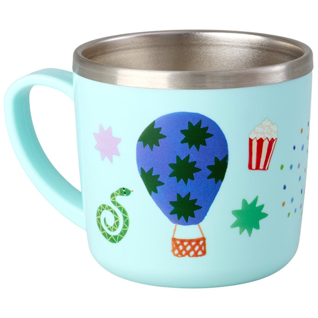 Rice kinderbeker met Fun Fair thema, inclusief een blauwe luchtballon, groene slang en popcorn.