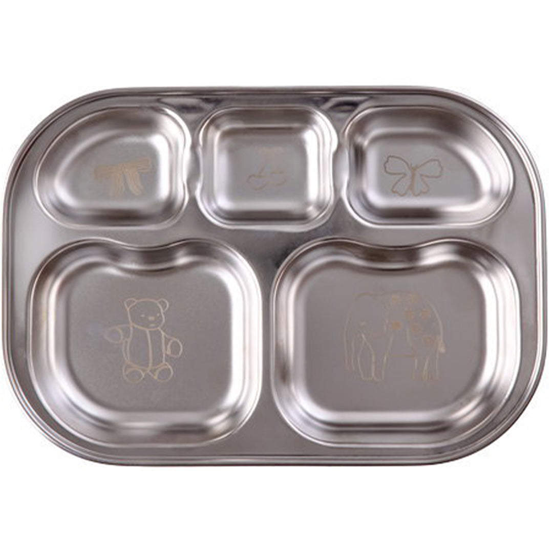 rice rvs vakjesbord met vijf vakken en ingegraveerde figuren van een beer en olifant.