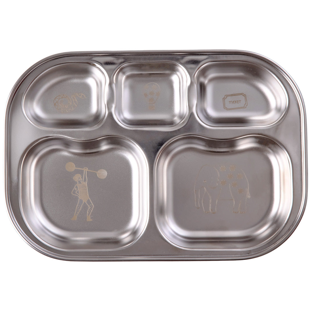 rice RVS vakjesbord met vijf vakken en circusfiguren.