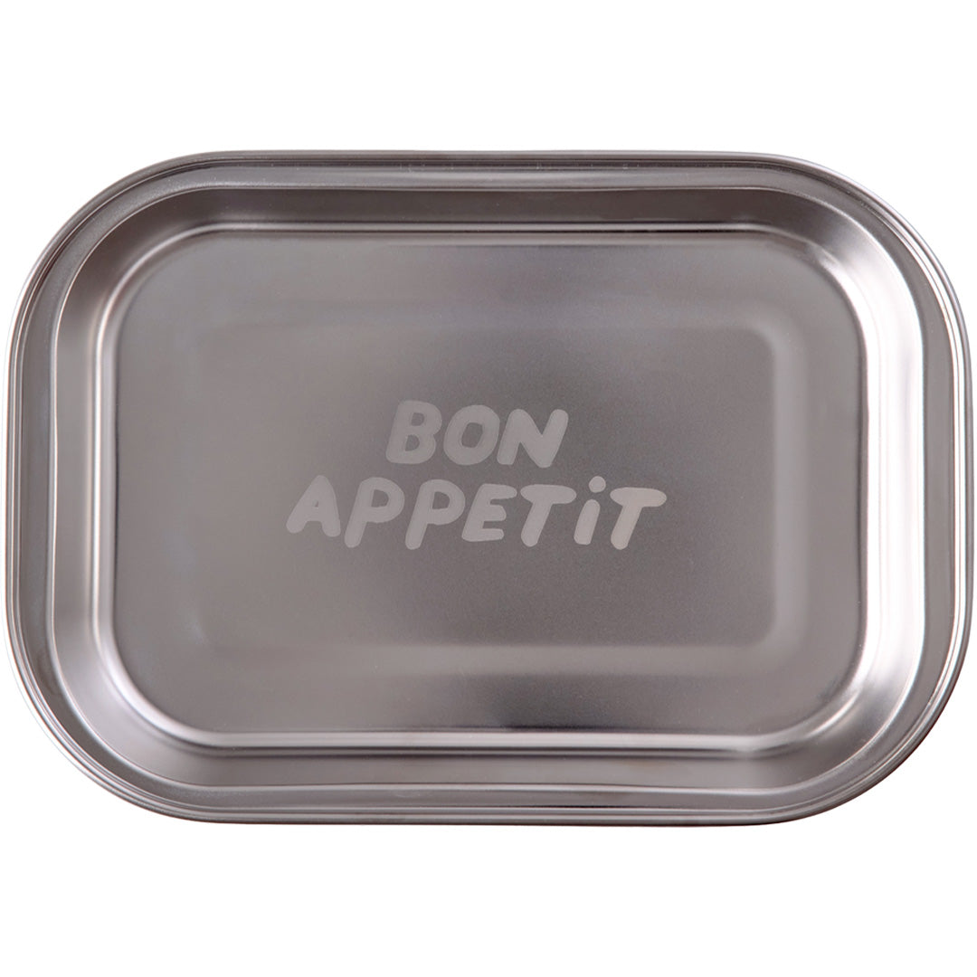 rice rvs vakjesbord met de tekst 'BON APPETIT' in een bovenaanzicht.