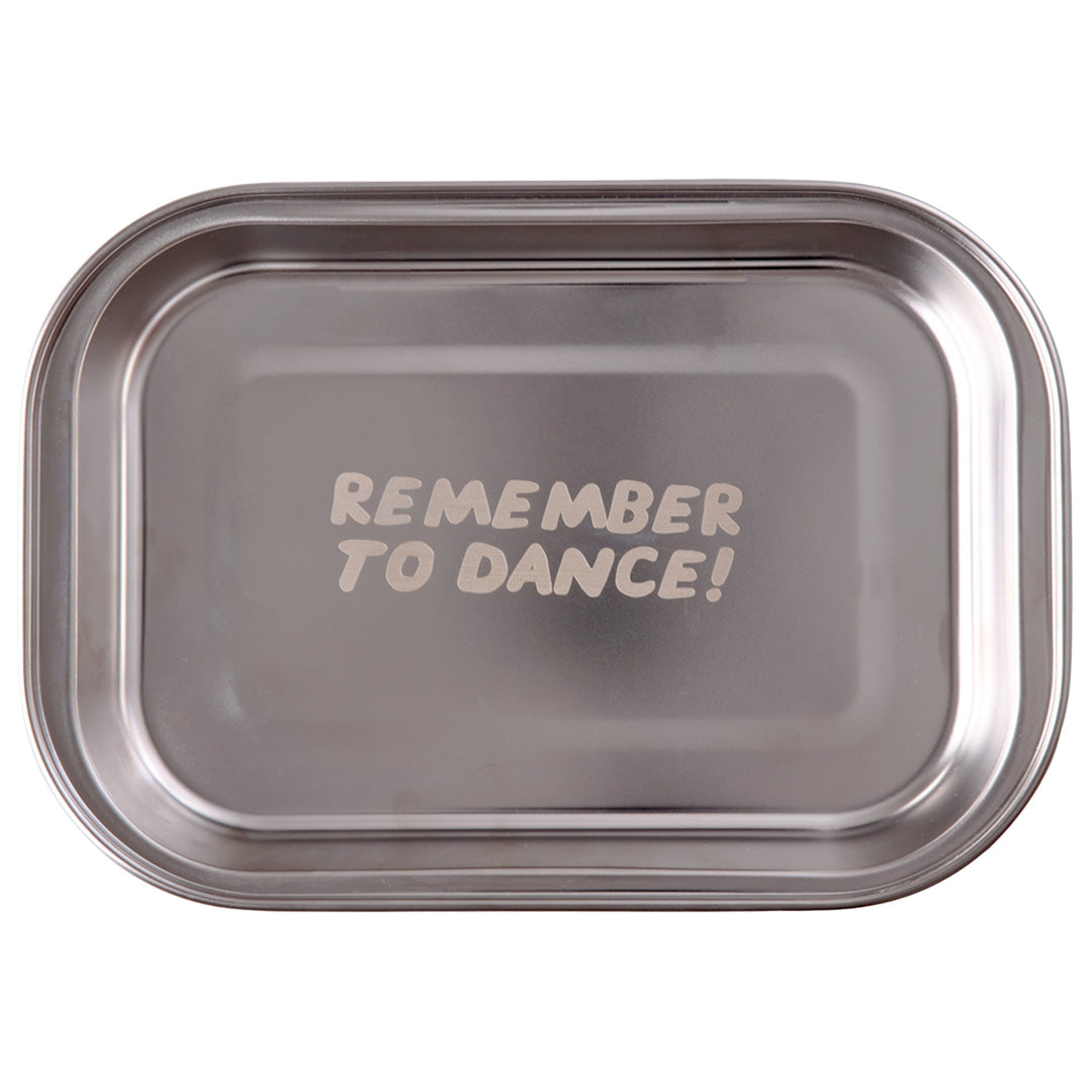 rice roestvrijstalen vakjesbord met de tekst 'Remember to Dance!'.