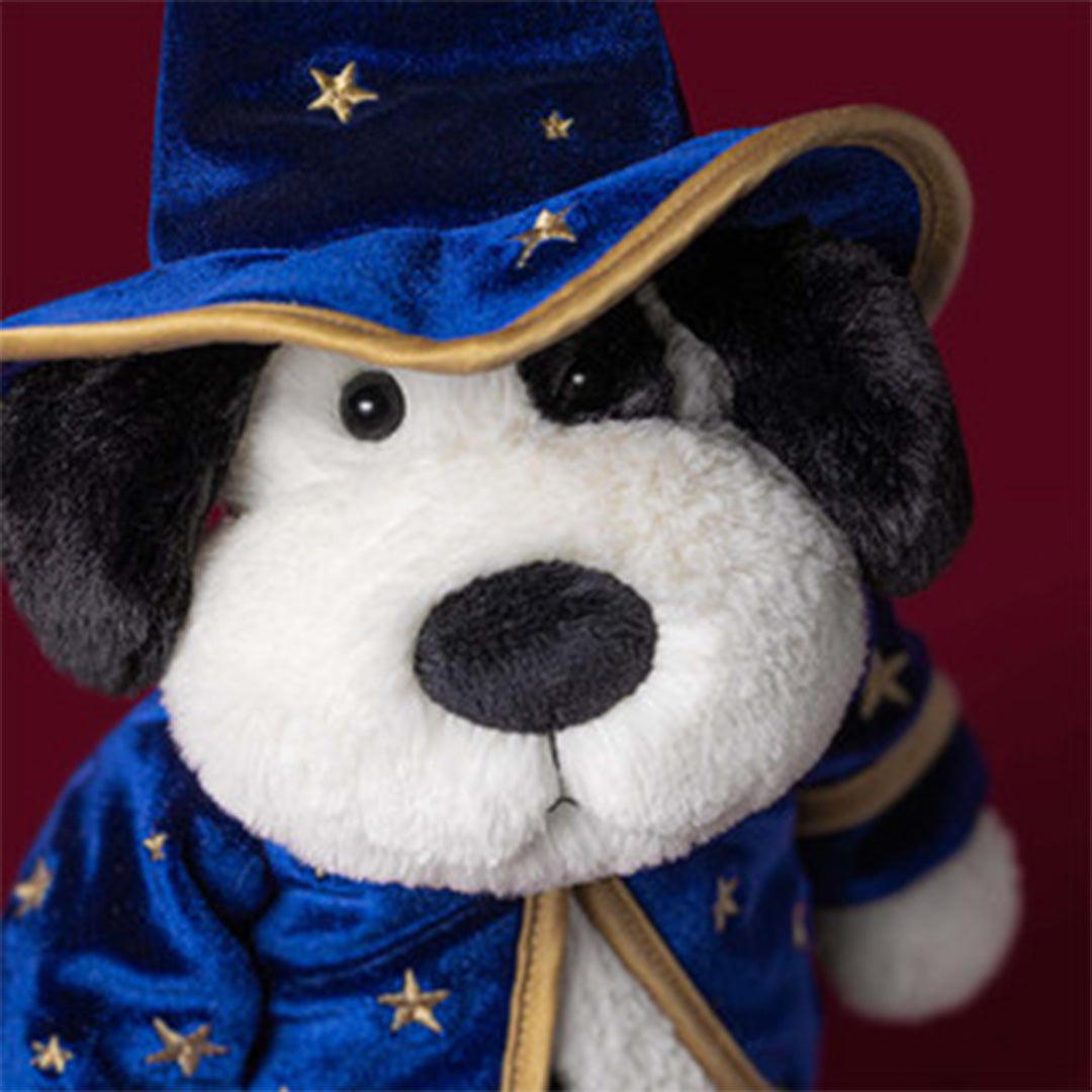 Detailopname van de kop van de knuffelpuppy met tovenaarshoed.