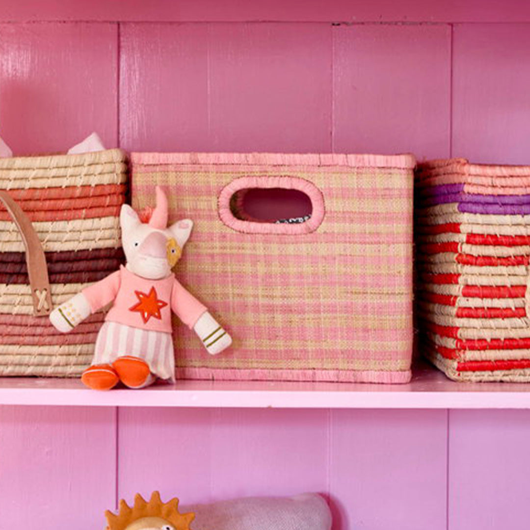 rice opbergmand raffia - pink checks - large | BSSTO-30I | 2