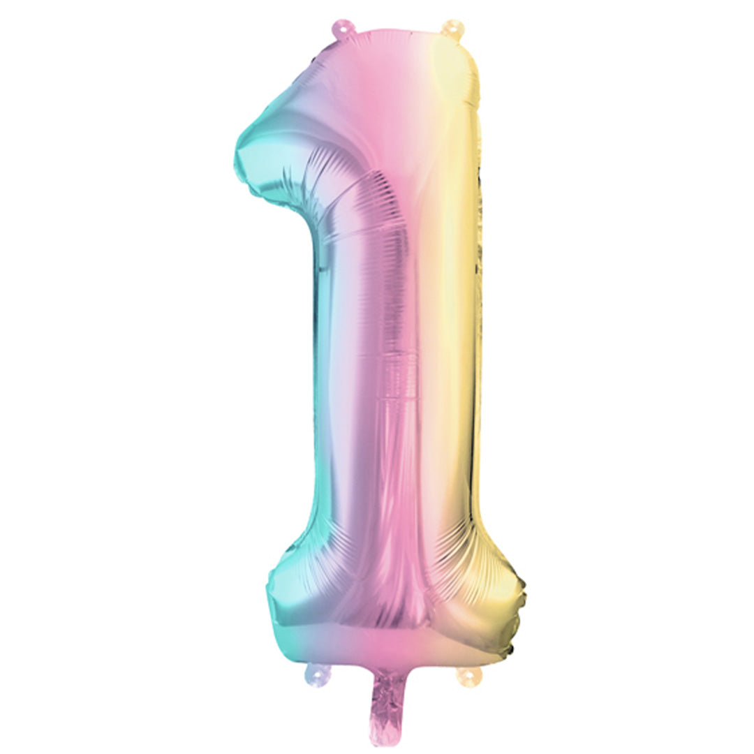 partydeco cijferballon 1 pastel regenboog - 86 cm | FB1M-1-000P | 2