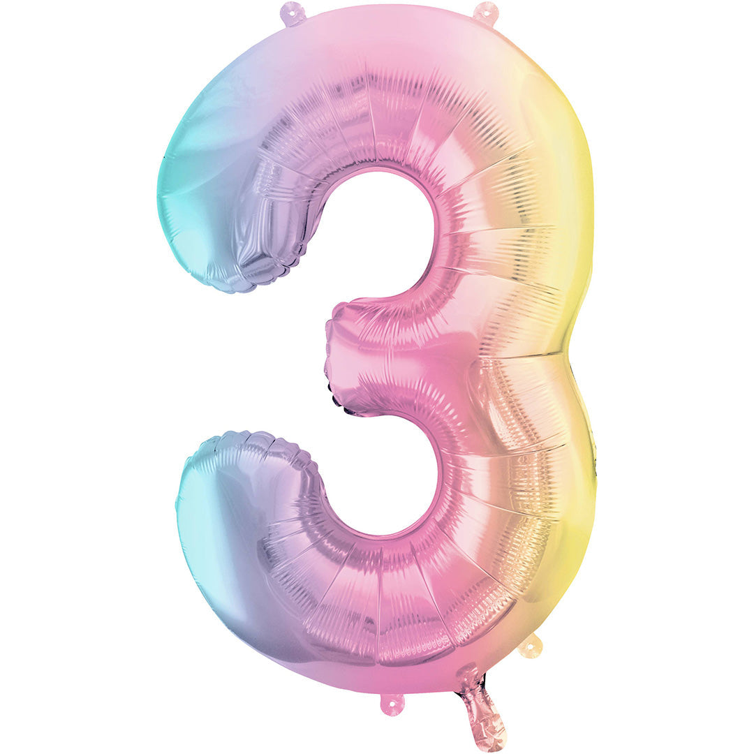 partydeco cijferballon 3 pastel regenboog - 86 cm | FB1M-3-000P | 1