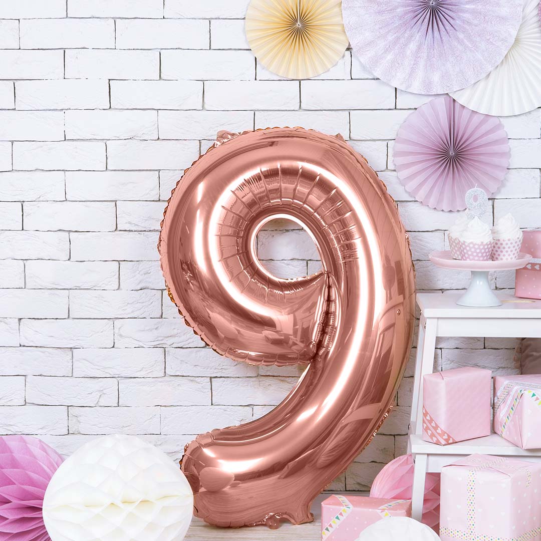 partydeco cijferballon 9 rose goud - 86 cm | FB1M-9-019R | 2