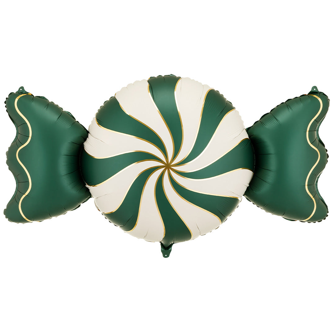 Partydeco folieballon in de vorm van een groen-beige snoepje met wervelpatroon.