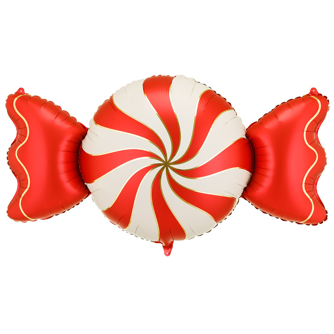Partydeco folieballon in de vorm van een rood-beige snoepje met wervelpatroon.