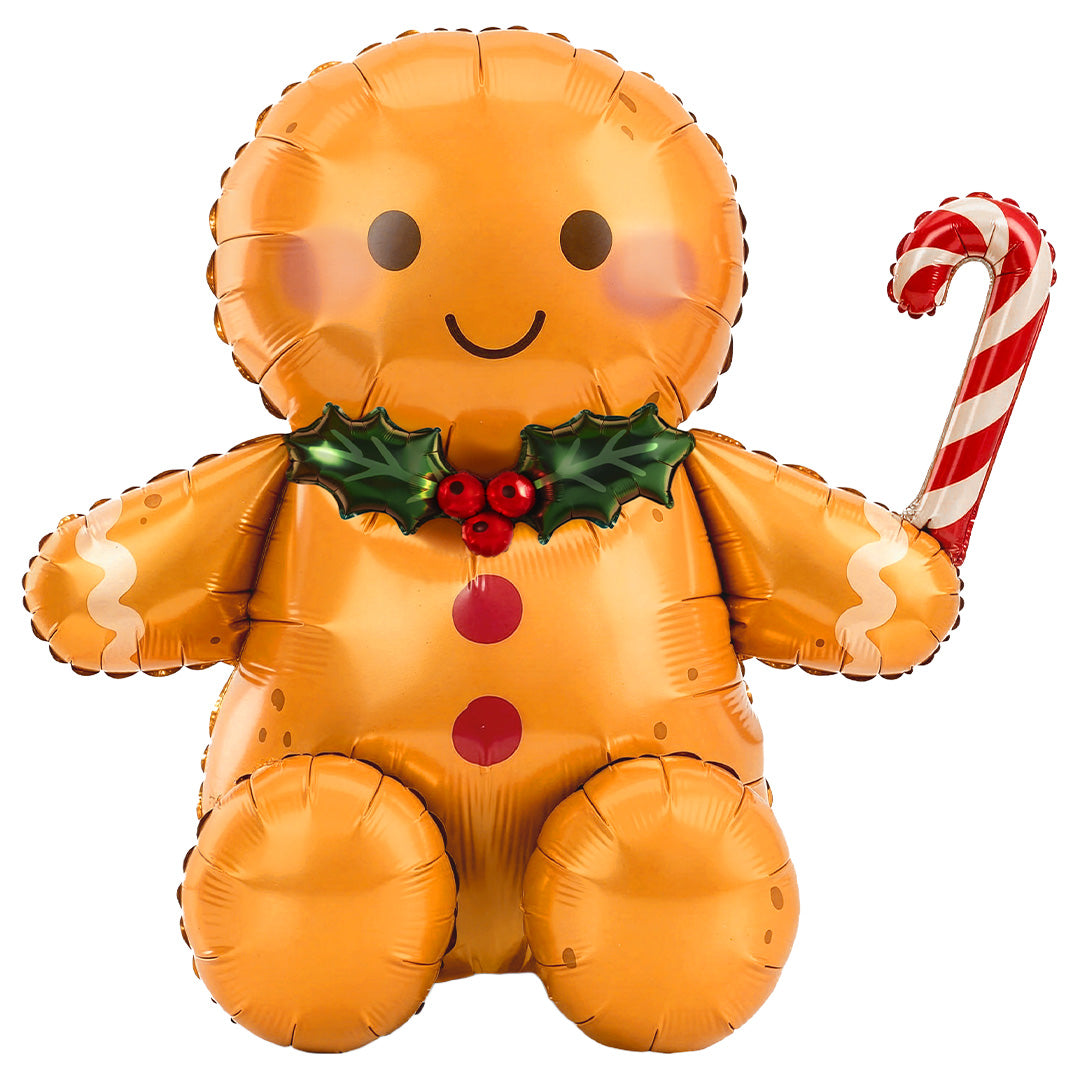 Partydeco folieballon in de vorm van een gingerbread mannetje met een zuurstok en hulstdecoratie.