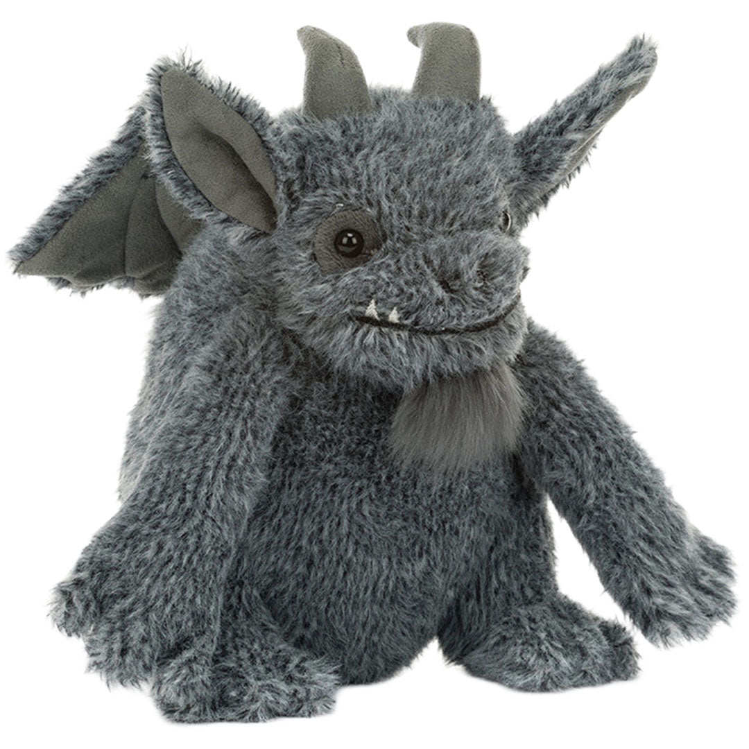 Jellycat grijs pluchen knuffelmonster Growlston Gargoyle zit frontaal.