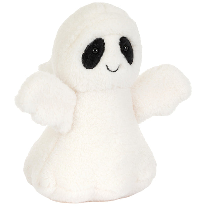 Jellycat wit pluchen spookje met zwarte ogen en een glimlach, van voren gezien.