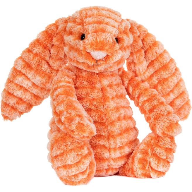 Jellycat knuffelkonijn met oranje en witte strepen, zittend.