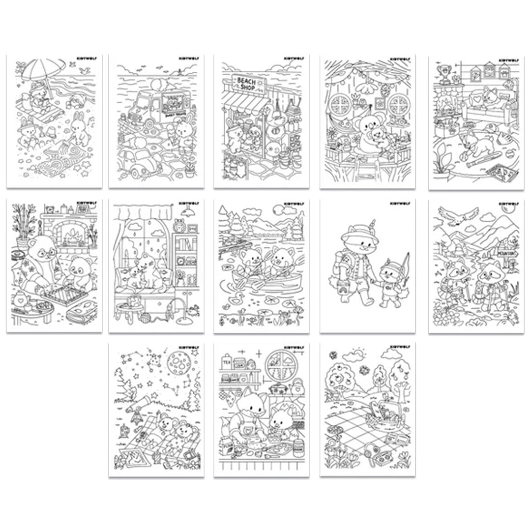 Vijftien Kidywolf kleurplaten met diverse scènes en dierenfiguren.