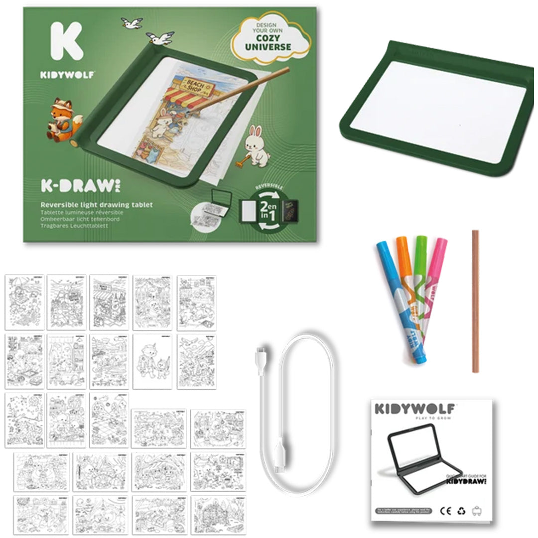 Een overzicht van de Kidywolf tekenset met het tekenbord, markers, USB-kabel en kleurplaten met dierenfiguren.