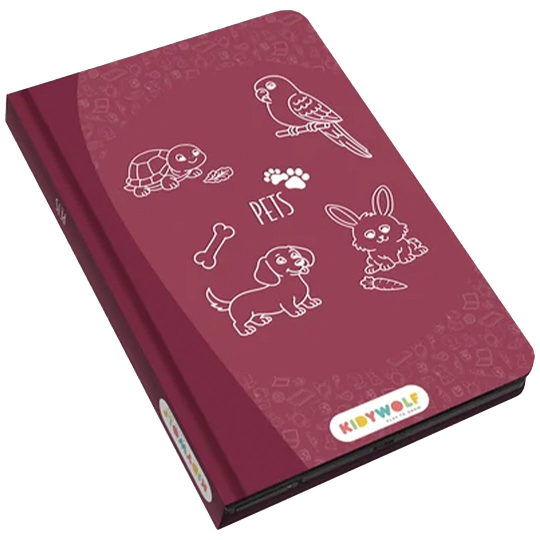 Kidywolf tekentablet voor kinderen, gesloten, met witte illustraties van huisdieren op de rode kaft.