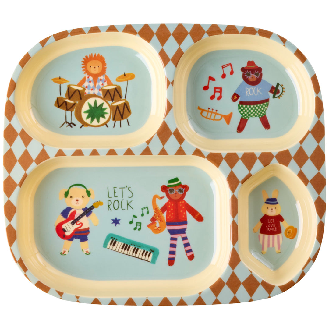 rice vakjesbord voor baby's en peuters met een muziekband van dierenfiguren en een ruitpatroon.