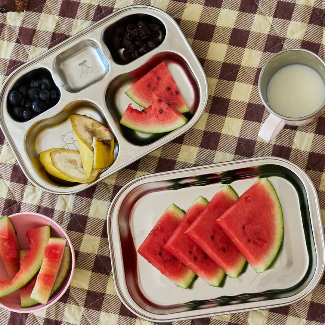 Twee rice RVS vakjesborden met fruit en een bijpassende beker op een geruite ondergrond.