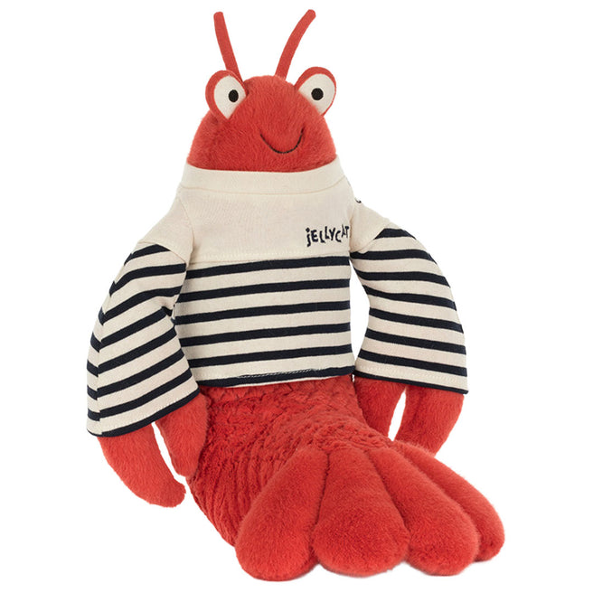 Jellycat pluchen kreeft Larry met gestreept matrozenhemd, van voren gezien.