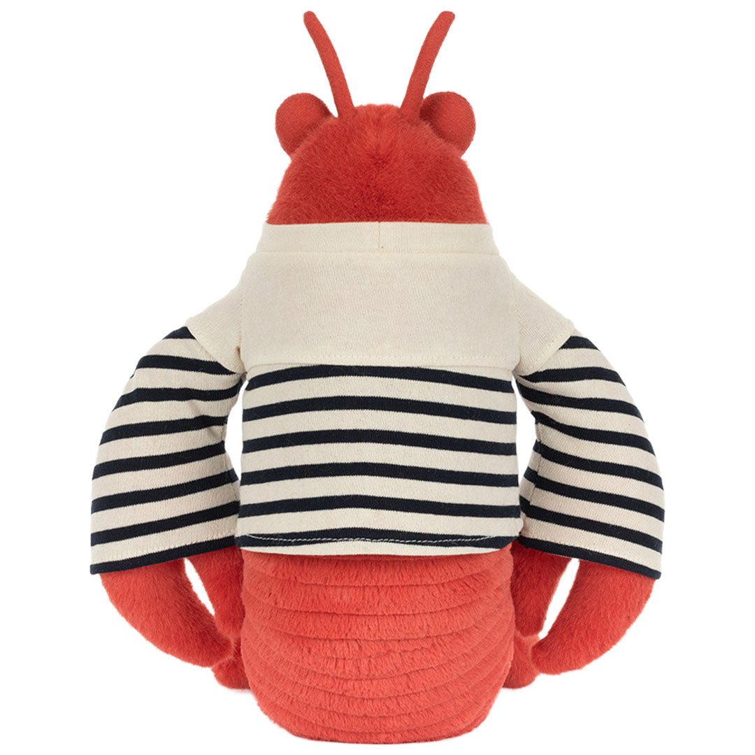 Achterkant van de Jellycat pluchen kreeft Larry met gestreept matrozenhemd.