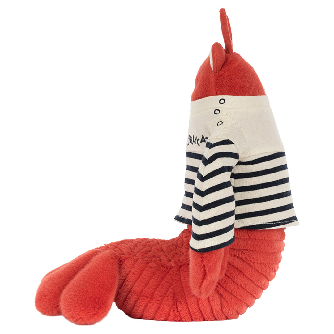 Zijkant van de Jellycat pluchen kreeft Larry met gestreept matrozenhemd.