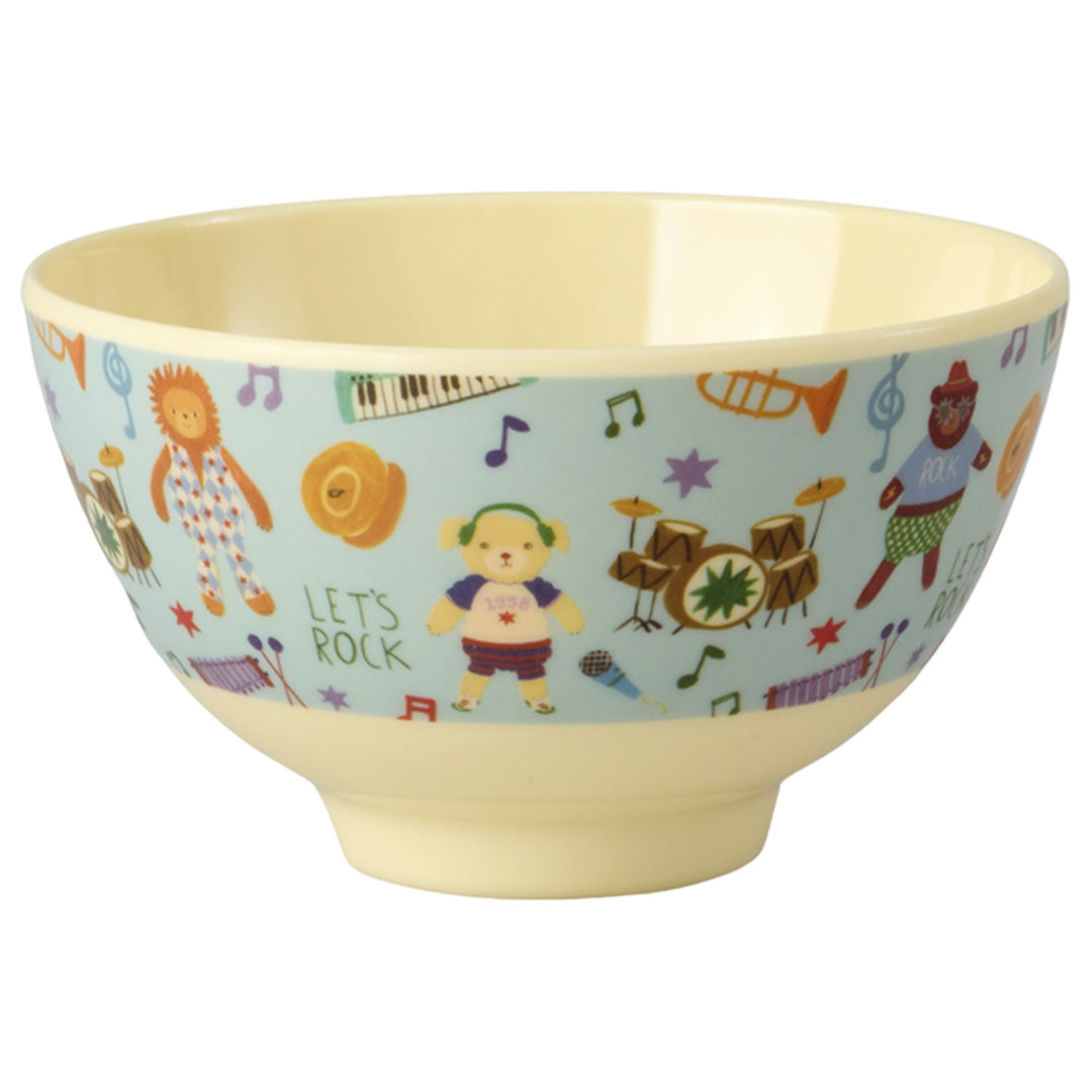 rice kinderkom met een blauw 'music band' patroon van dieren die instrumenten spelen.