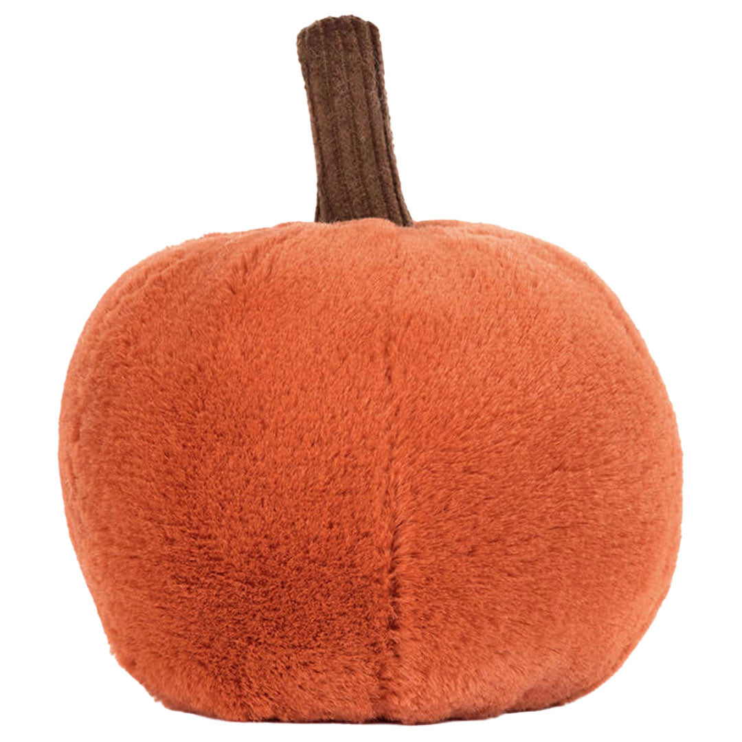 Achterkant van de Jellycat pluchen Halloween pompoen knuffel met bruine steel.