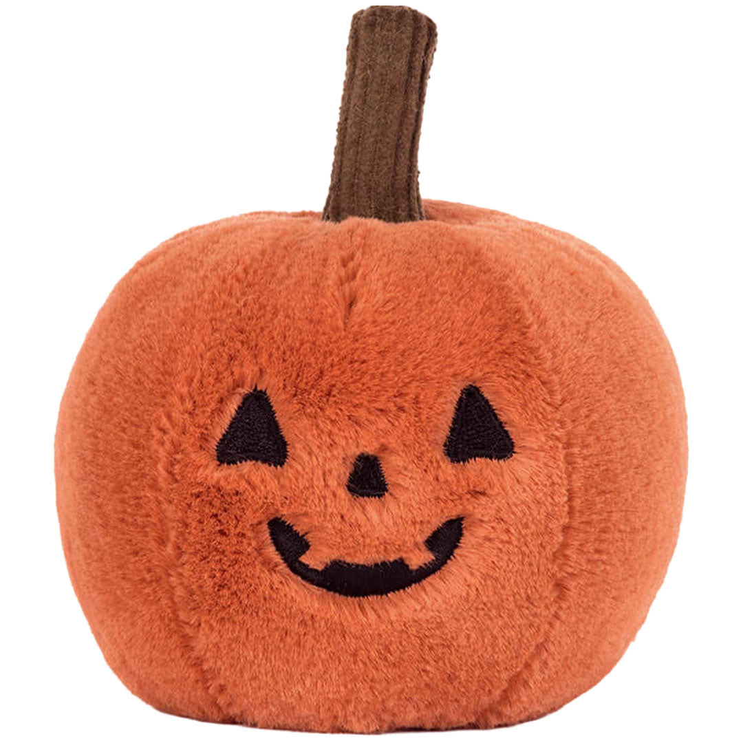 Jellycat pluchen Halloween pompoen knuffel met Jack-o'-lantern gezicht.